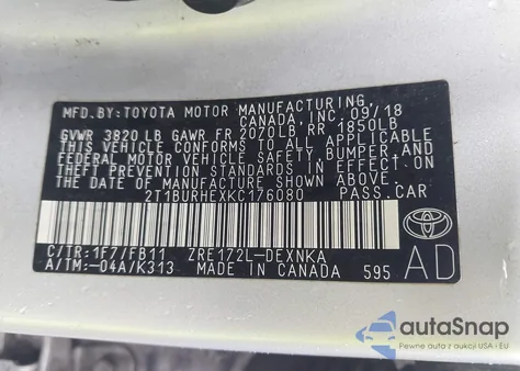 2019 Toyota Corolla Le z USA, uszkodzony, nr VIN 2T1BURHEXKC176080